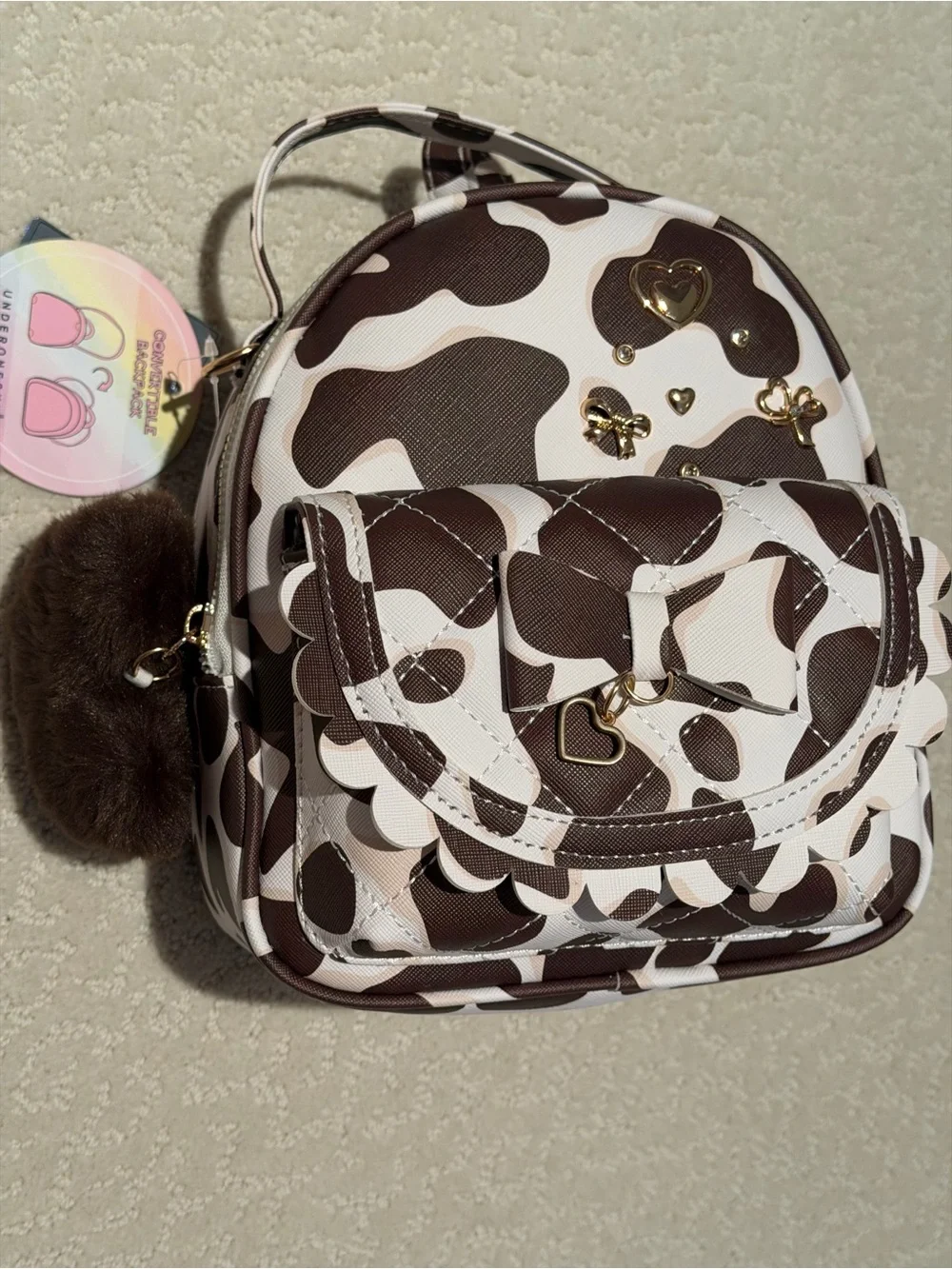 Mini Backpack Brown & White with Heart  charm and Gold Accents by Undetonesky